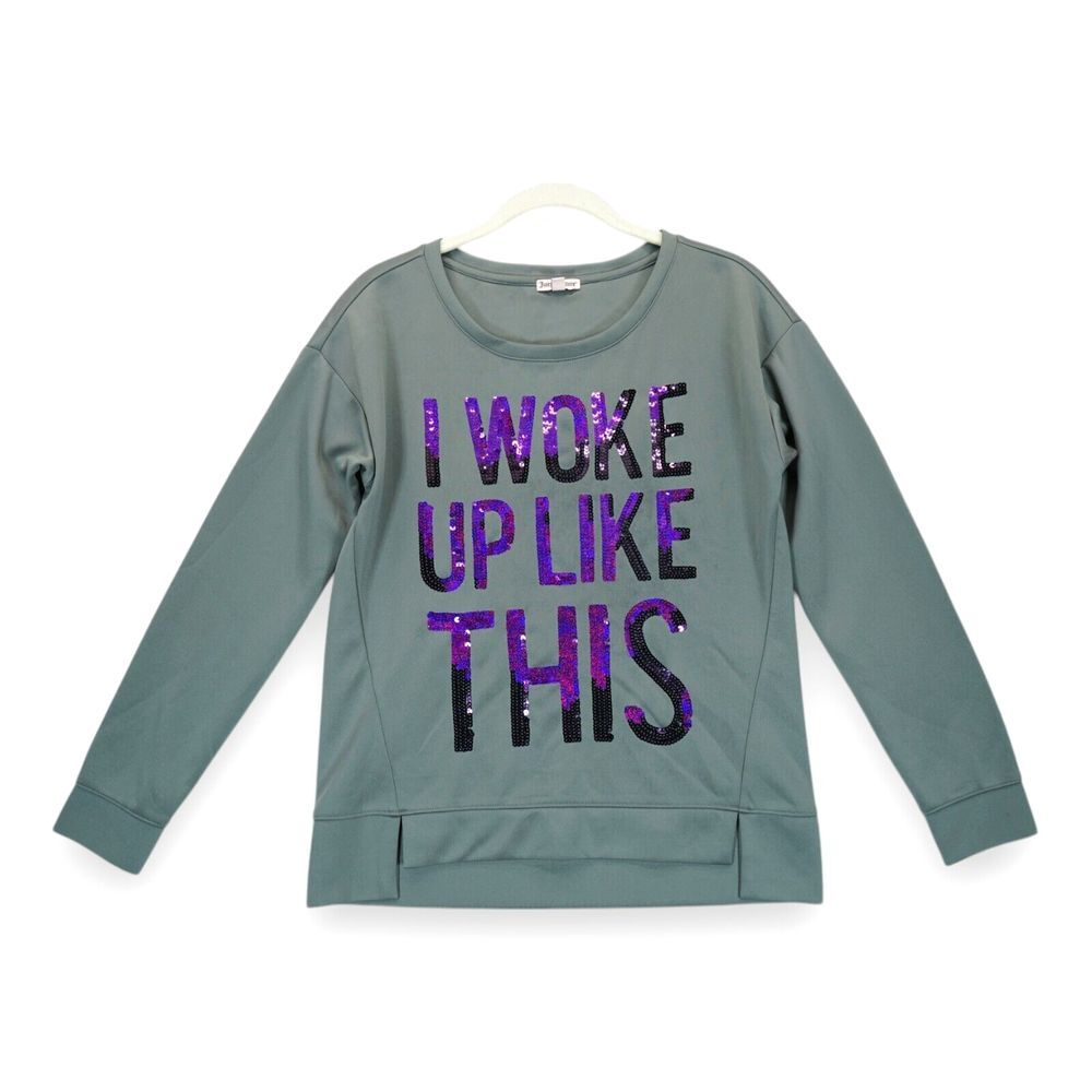 Juicy Couture Women's Sweatshirt Gray "I Woke Up Like This"‎ Sequin Medium